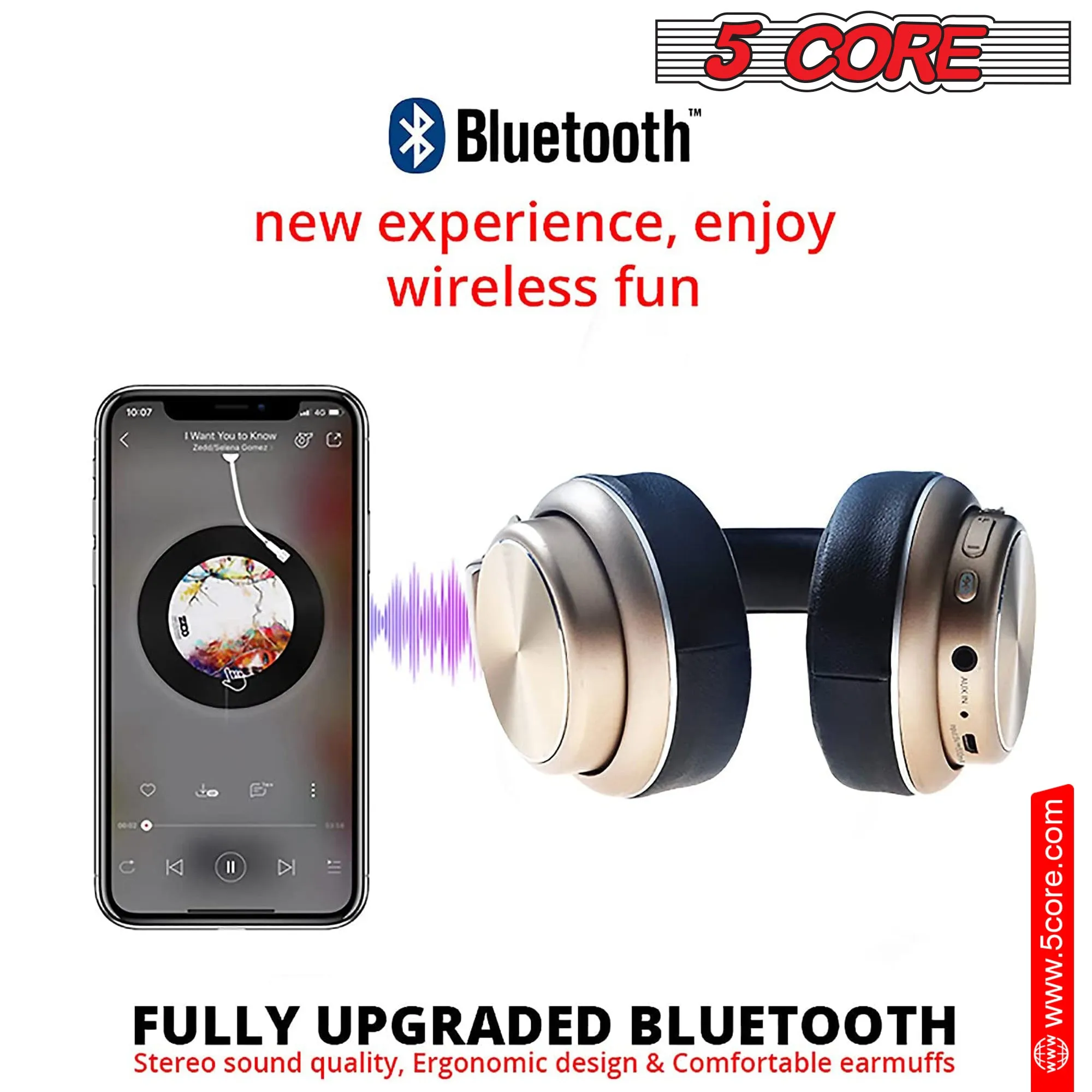 5 Core Bluetooth Wireless Premium 5.0 USB Over-Ear Foldable Headphones