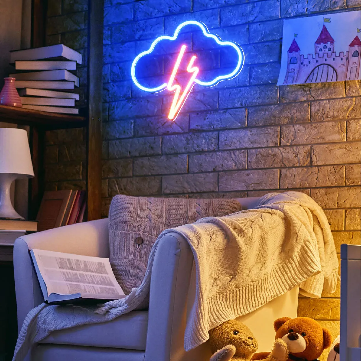 Cloud Theme Lightning Bolt Neon Light Strip Wall Bedroom Kids Office Home Decoration LED Art Indoor L X H 12 X 9.9 Inches