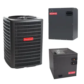 Goodman 1.5 Ton 15.2 SEER2 System: Heat Pump Condenser Model GLZS4MA1810, Vertical Coil Model: CAPTA3026B3, Blower Model: MBVB12BP1X00