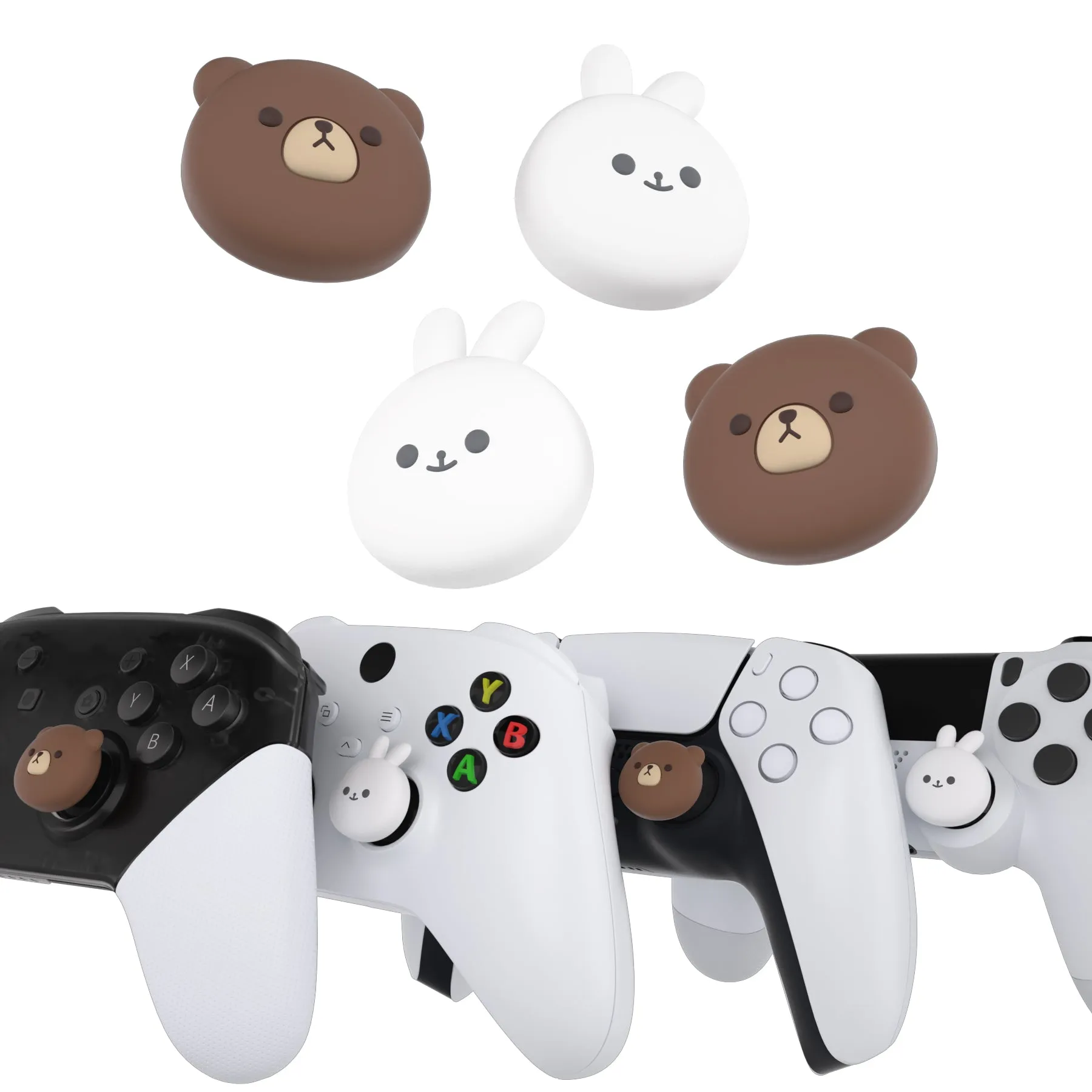 PlayVital Chubby Bear & Smiley Bunny Cute Thumb Grip Caps for PS5/4 Controller, Silicone Analog Stick Caps Cover for Xbox Series X/S, Thumbstick Caps for Switch Pro Controller - PJM3029