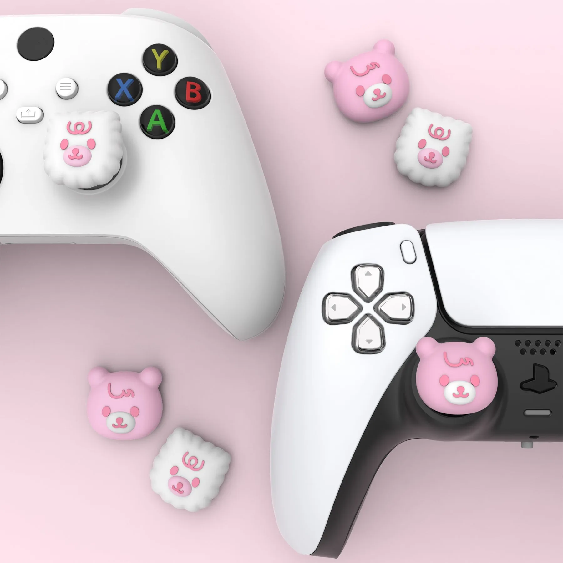 PlayVital Cute Thumb Grip Caps for PS5/4 Controller, Silicone Analog Stick Caps Cover for Xbox Series X/S, Thumbstick Caps for Switch Pro Controller - Cute Bear White & Pink - PJM3046