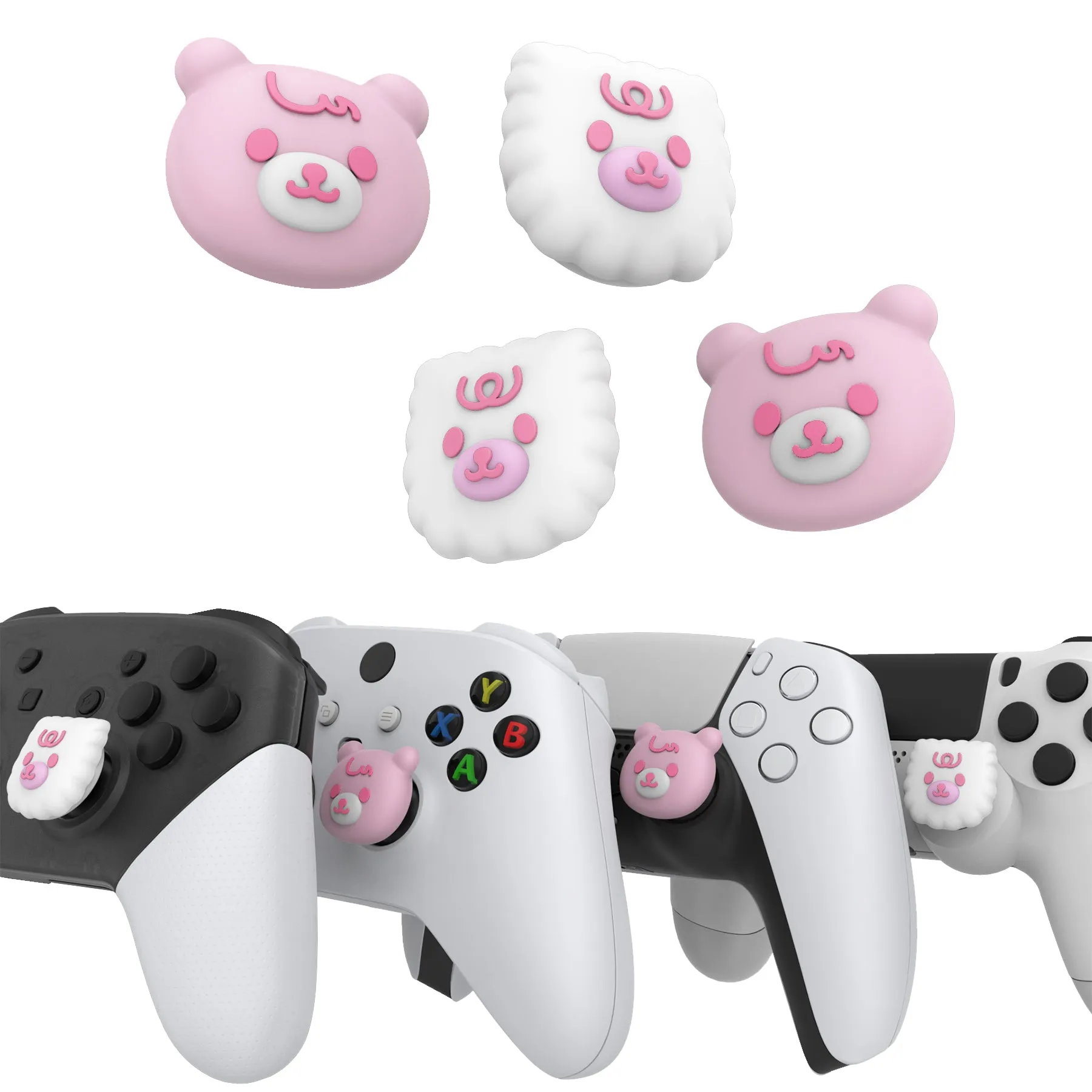 PlayVital Cute Thumb Grip Caps for PS5/4 Controller, Silicone Analog Stick Caps Cover for Xbox Series X/S, Thumbstick Caps for Switch Pro Controller - Cute Bear White & Pink - PJM3046