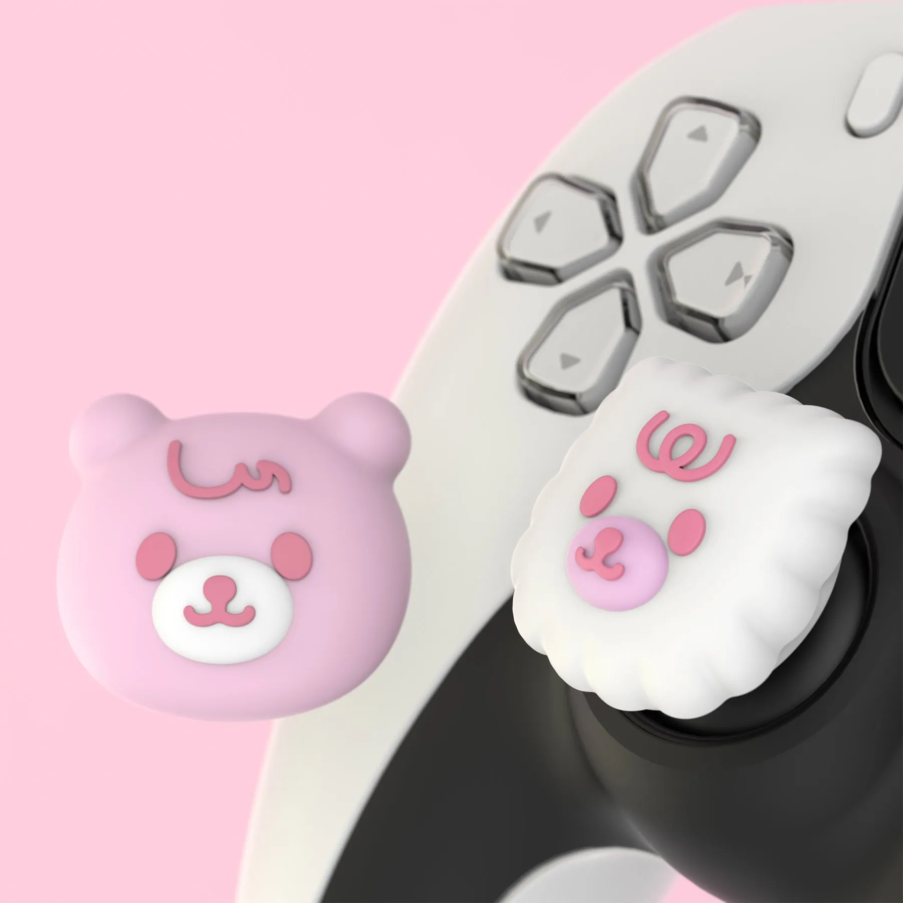 PlayVital Cute Thumb Grip Caps for PS5/4 Controller, Silicone Analog Stick Caps Cover for Xbox Series X/S, Thumbstick Caps for Switch Pro Controller - Cute Bear White & Pink - PJM3046