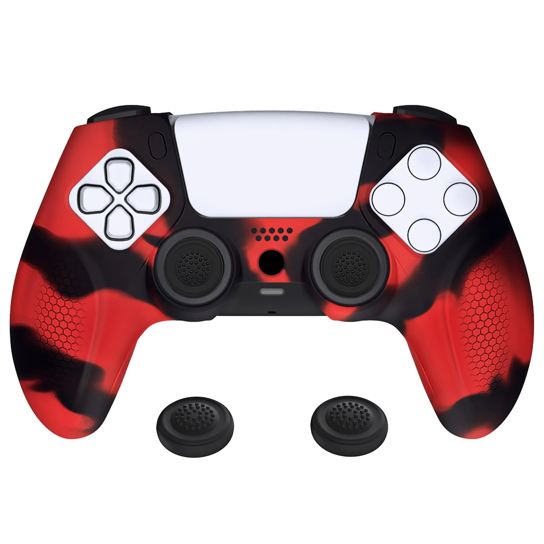 PlayVital Ninja Edition Anti-Slip Silicone Cover Skin for ps5 Wireless Controller, Ergonomic Protector Soft Rubber Case for ps5 Controller Fits with Charging Station with Thumb Grip Caps - Red & Black - MQRPFP007