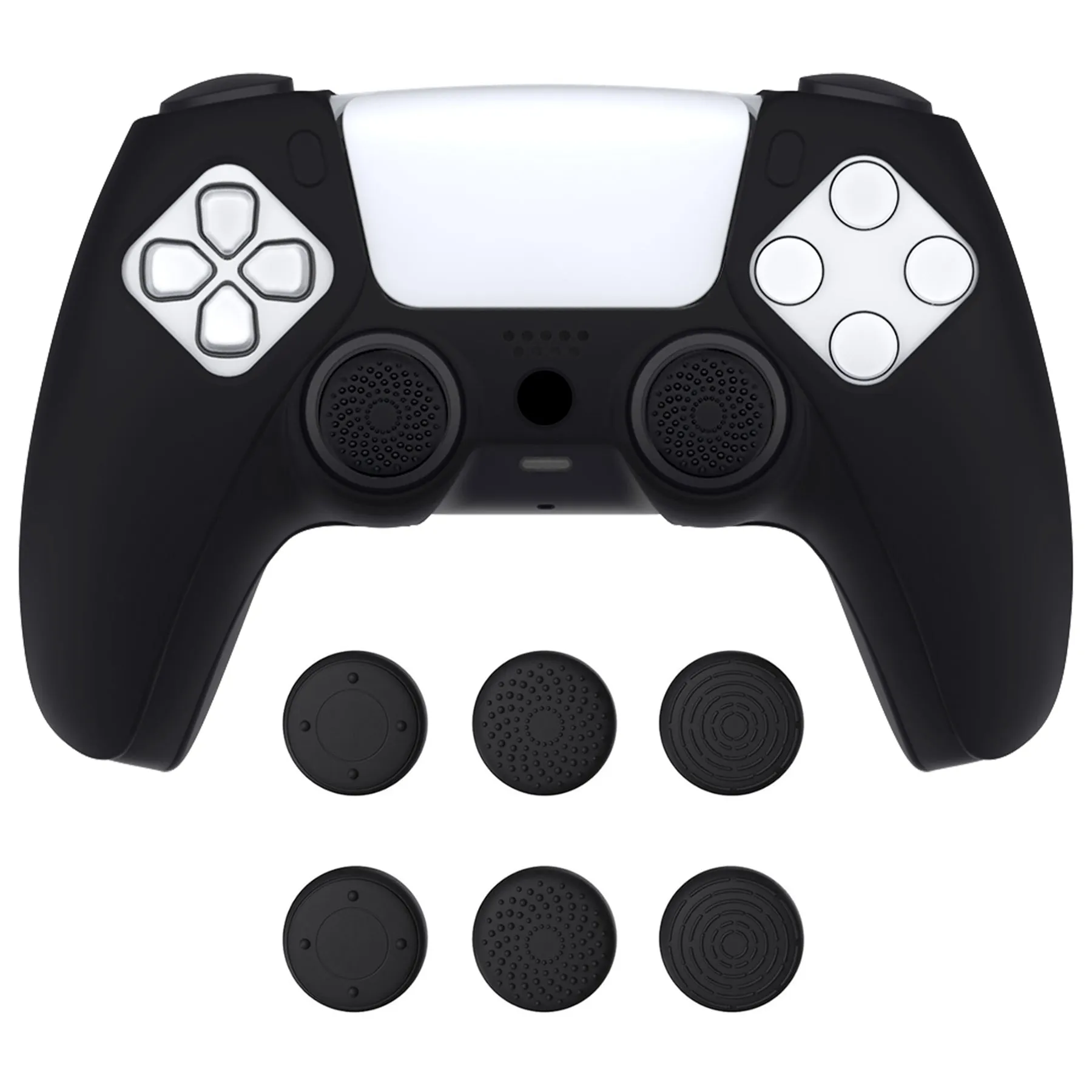 PlayVital Pure Series Dockable Model Anti-Slip Silicone Cover Skin for ps5 Controller, Soft Rubber Grip Case for ps5 Wireless Controller Fits with Charging Station with 6 Thumb Grip Caps - Black - EKPFP001