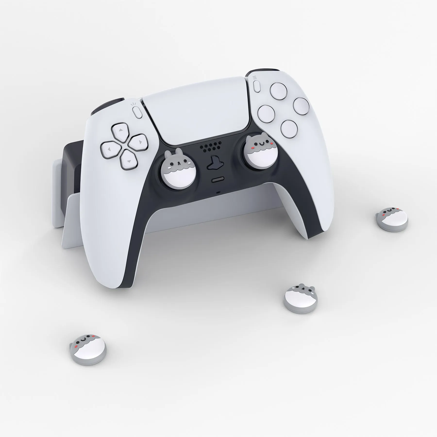 PlayVital Rabbit & Squirrel Cute Thumb Grip Caps for PS5/4 Controller, Silicone Analog Stick Caps Cover for Xbox Series X/S, Thumbstick Caps for Switch Pro Controller - Light Gray - PJM3003