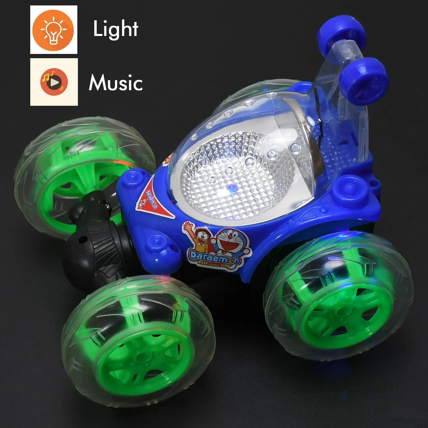 Rechargeable 360 degree stunt rolling remote control car with colourful 3d lights and music for kids