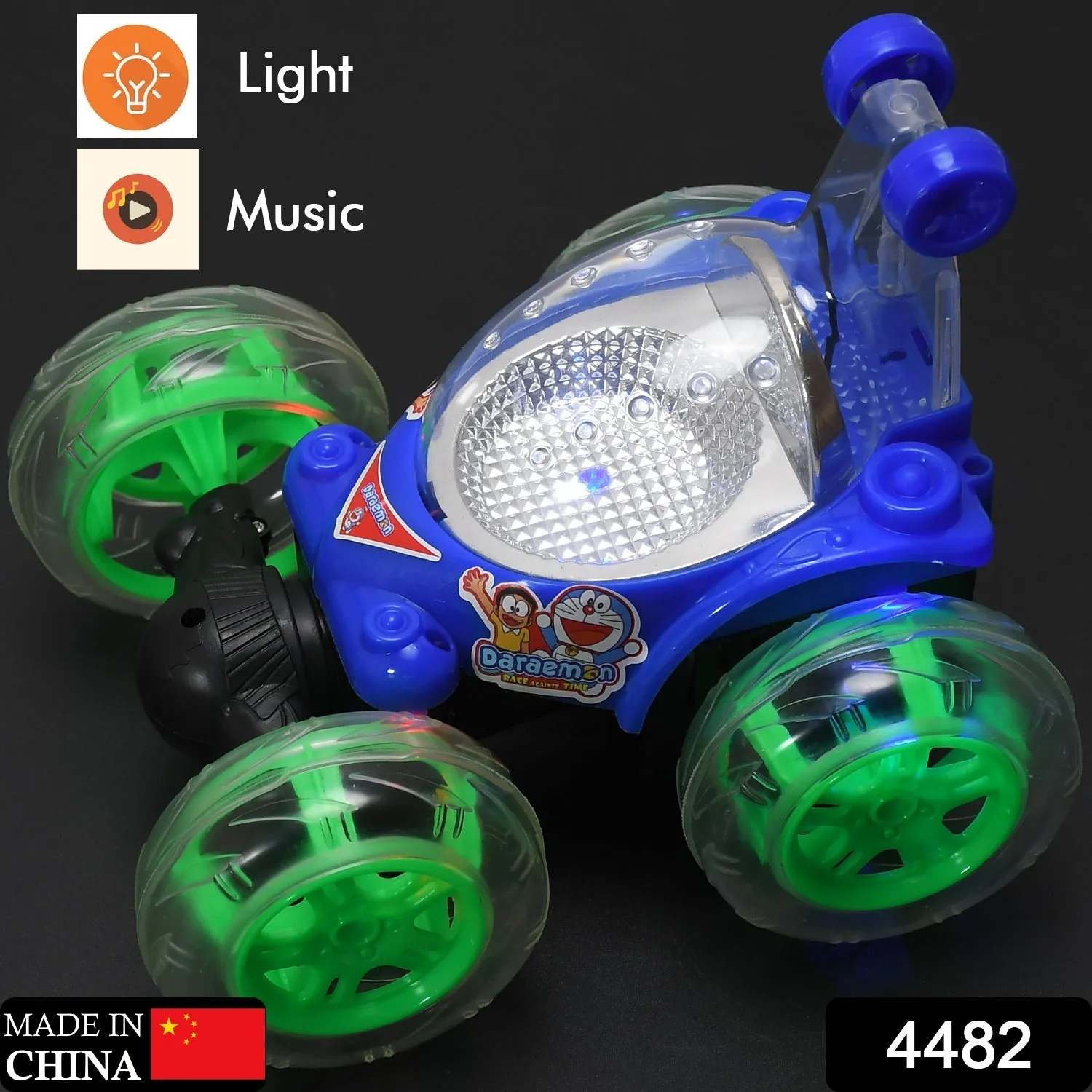 Rechargeable 360 degree stunt rolling remote control car with colourful 3d lights and music for kids