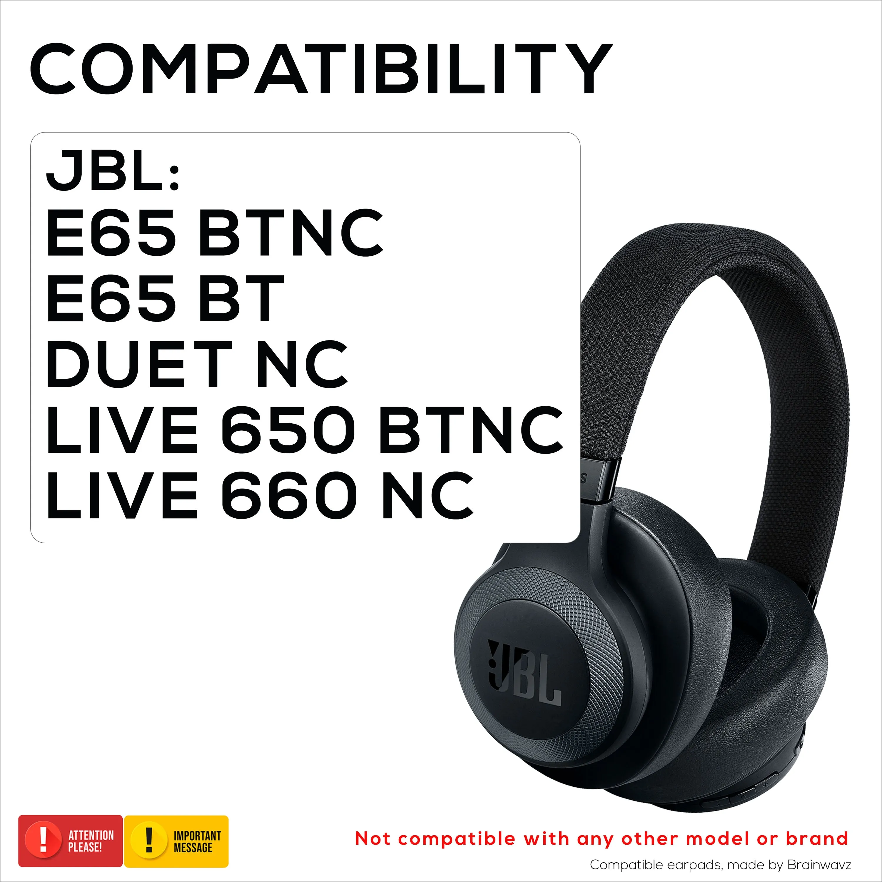 Replacement Earpads for JBL E65 (E65BT E65BTNC), Live 650 (650NC 650BTNC), Live 660 (660NC 660BTNC) & Duet NC, Soft PU Leather Cushions