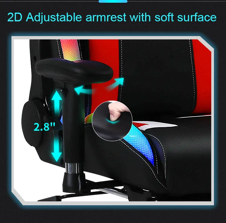 RGB Gaming Chair, LED Lights, Ergonomic Design Reclining Swivel Chair, Adjustable Armrest & Height, PU Leather High Back Office PC Chair with Lumbar Cushion and headrest