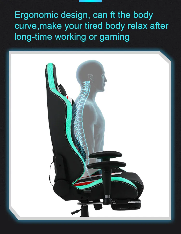 RGB Gaming Chair, LED Lights, Ergonomic Design Reclining Swivel Chair, Adjustable Armrest & Height, PU Leather High Back Office PC Chair with Lumbar Cushion and headrest