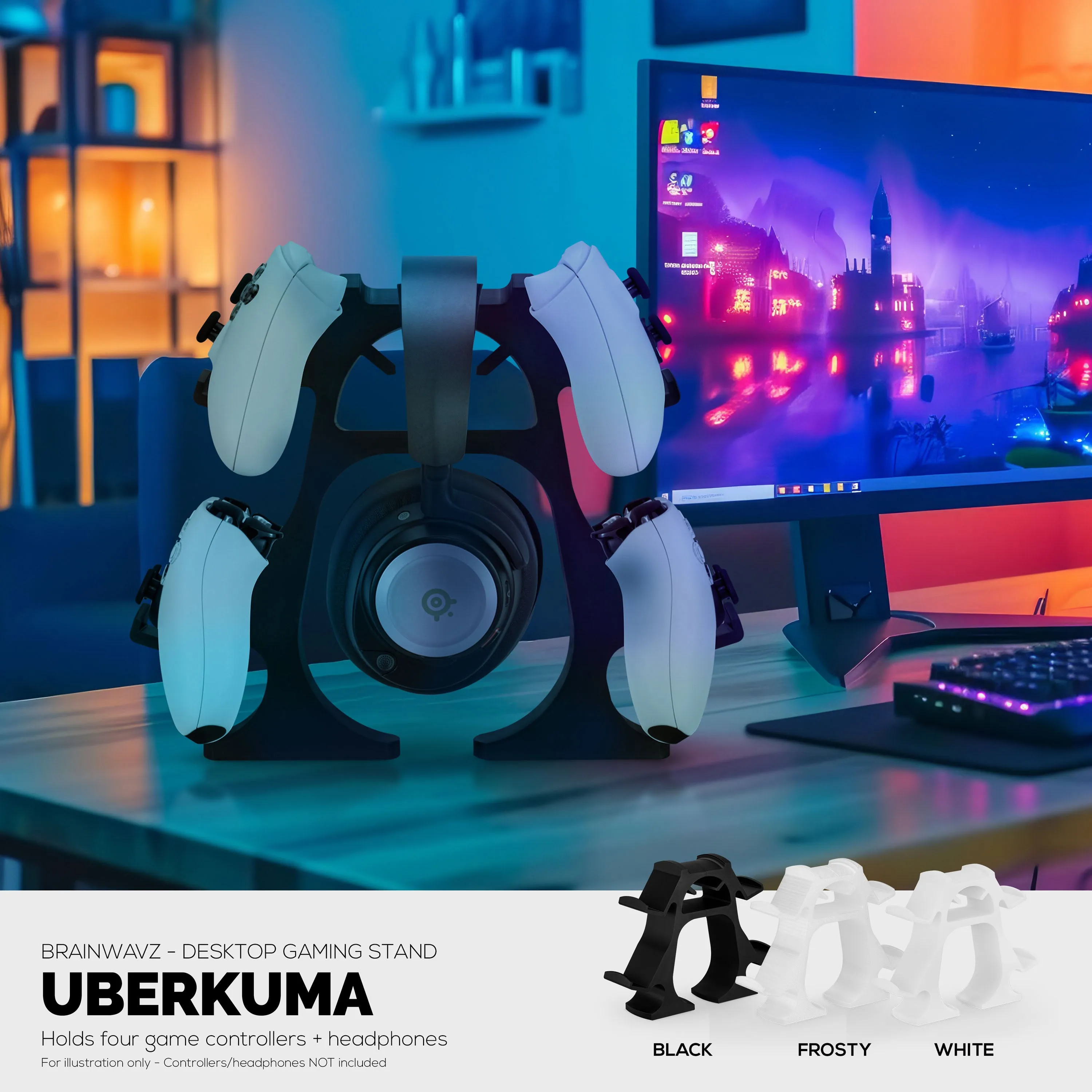 The UberKuma - Quad Controller Holder & Headphone Stand for Desks, Suitable for all Gamepads & Headsets