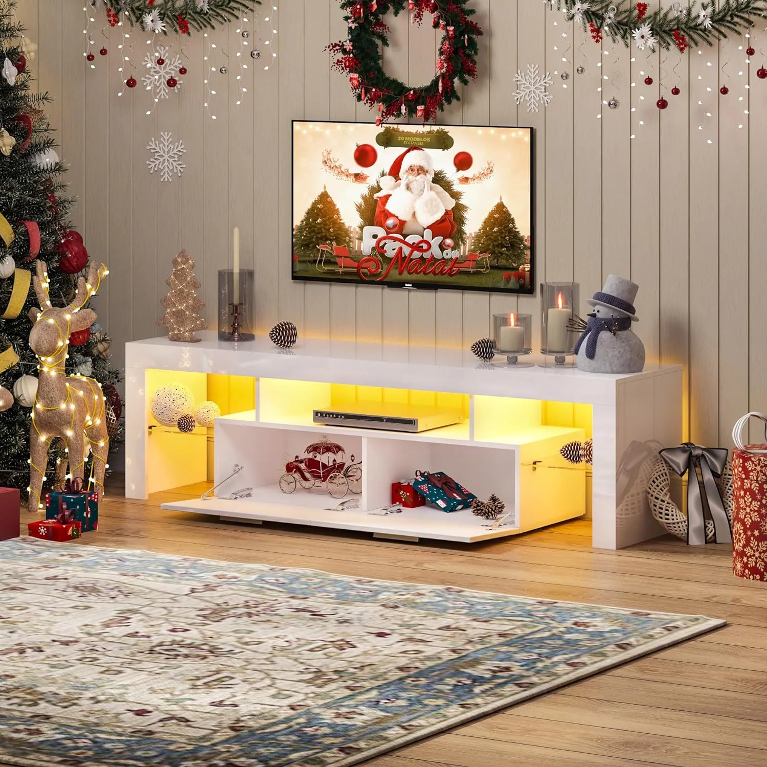 TV Stand for 50 55 65 70 inch TV with LED Lights and Storage Drawers