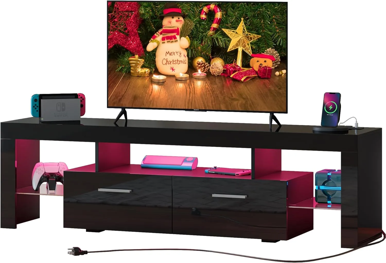 TV Stand for 50 55 65 70 inch TV with LED Lights and Storage Drawers