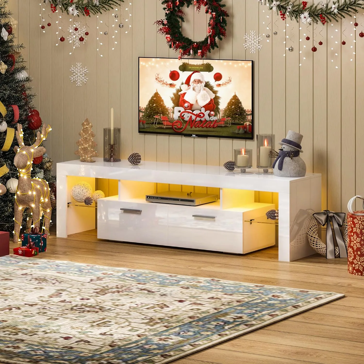 TV Stand for 50 55 65 70 inch TV with LED Lights and Storage Drawers