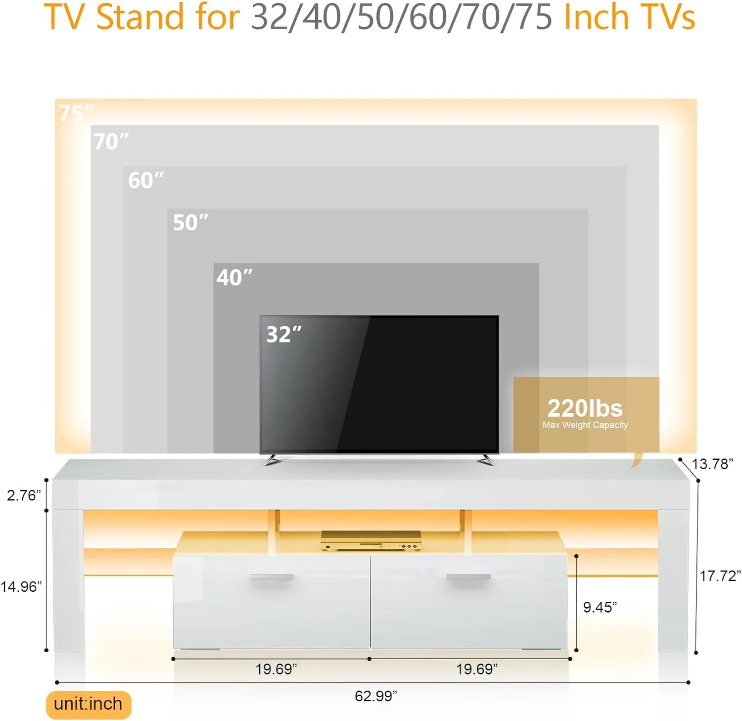 TV Stand for 50 55 65 70 inch TV with LED Lights and Storage Drawers