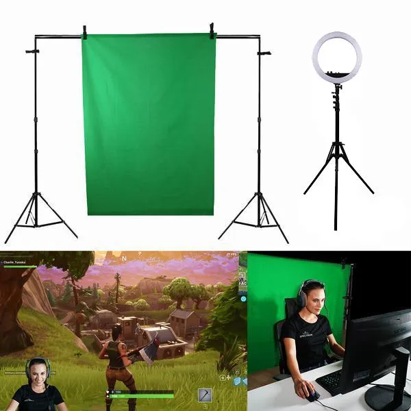 'Twitch Kit' Chroma Key Green Screen Gaming Ring Light Setup