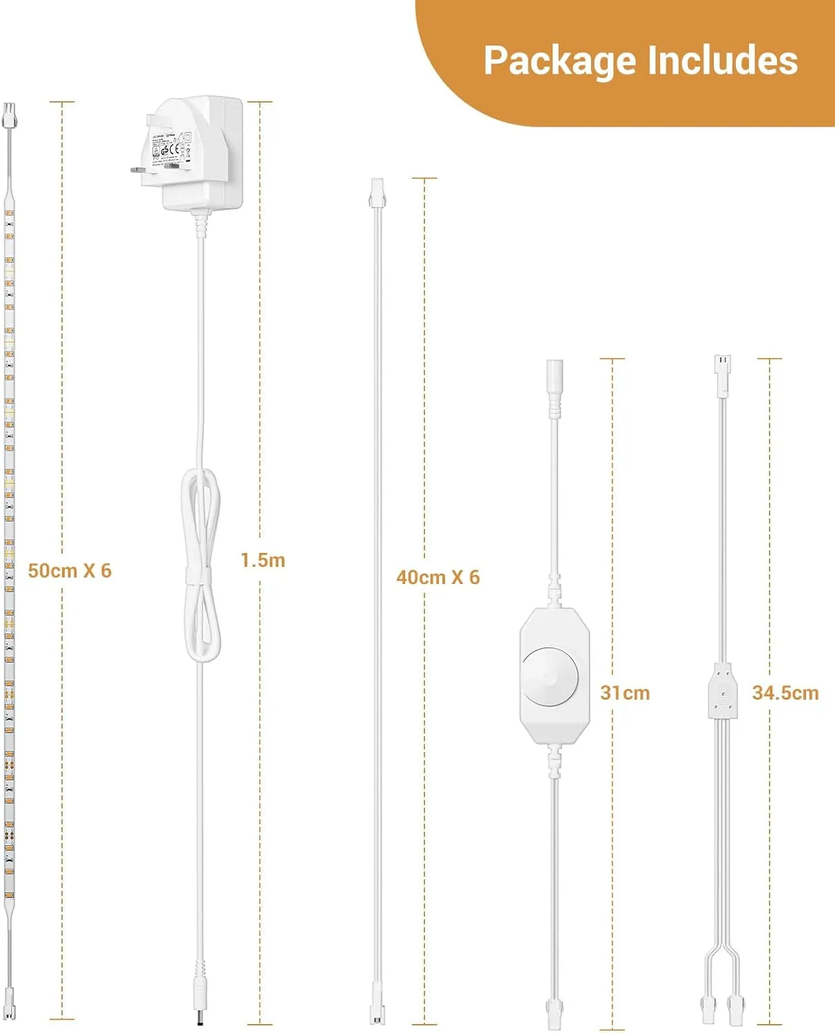 Under Cabinet Lights, 6PCS*50cm LED Strip Lights,Dimmable Under Counter Lights for Kitchen, Shelf, Cupboard,Cabinet,Closet,12V Adapter,Dimmer,3000K Warm White,180 LED,1500lumen